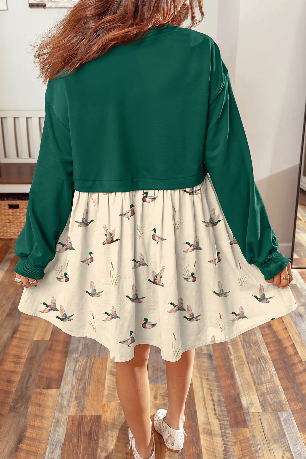 Orange Solid Long Sleeve Patchwork Floral Flared 2-in-1 Mini Dress