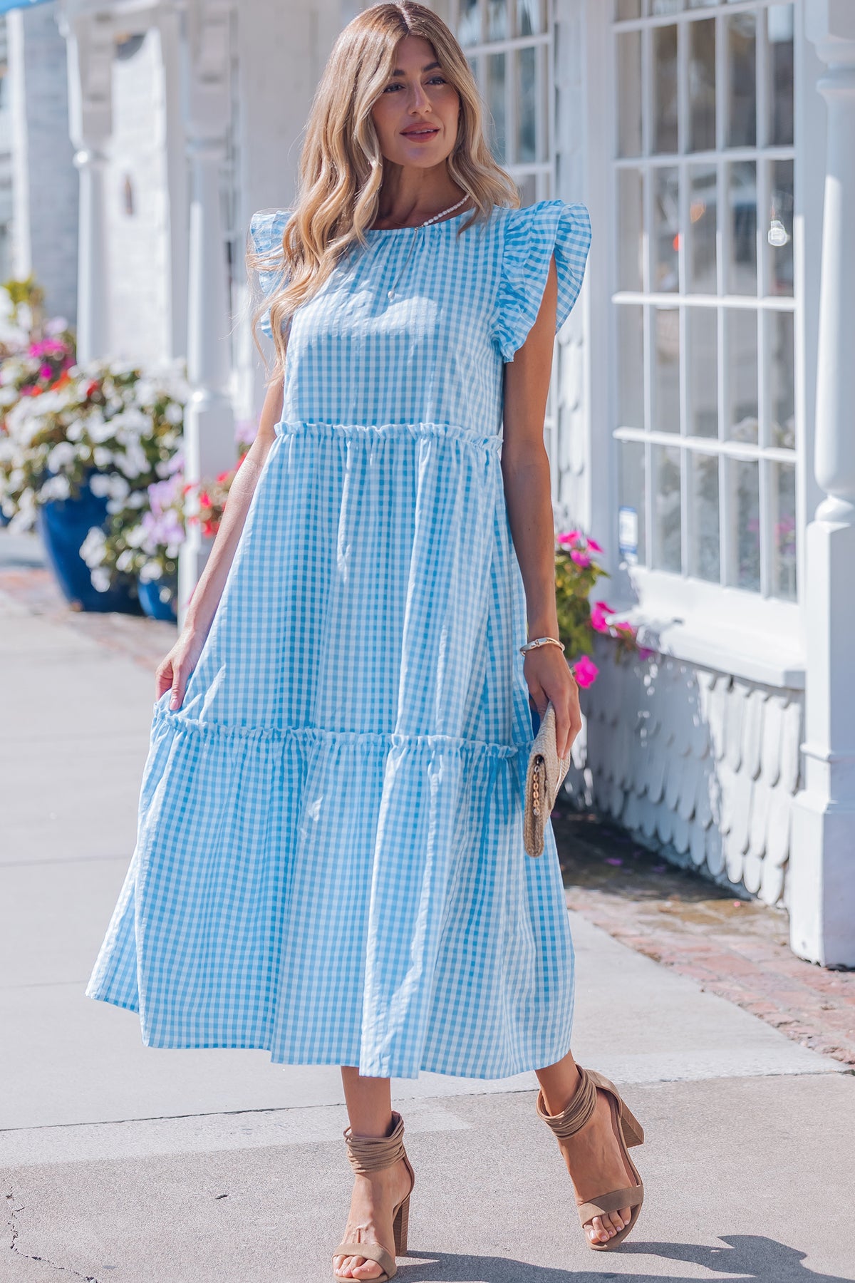 Sky Blue Knot Back Ruffled Short Sleeve Gingham Maxi Dress Main image