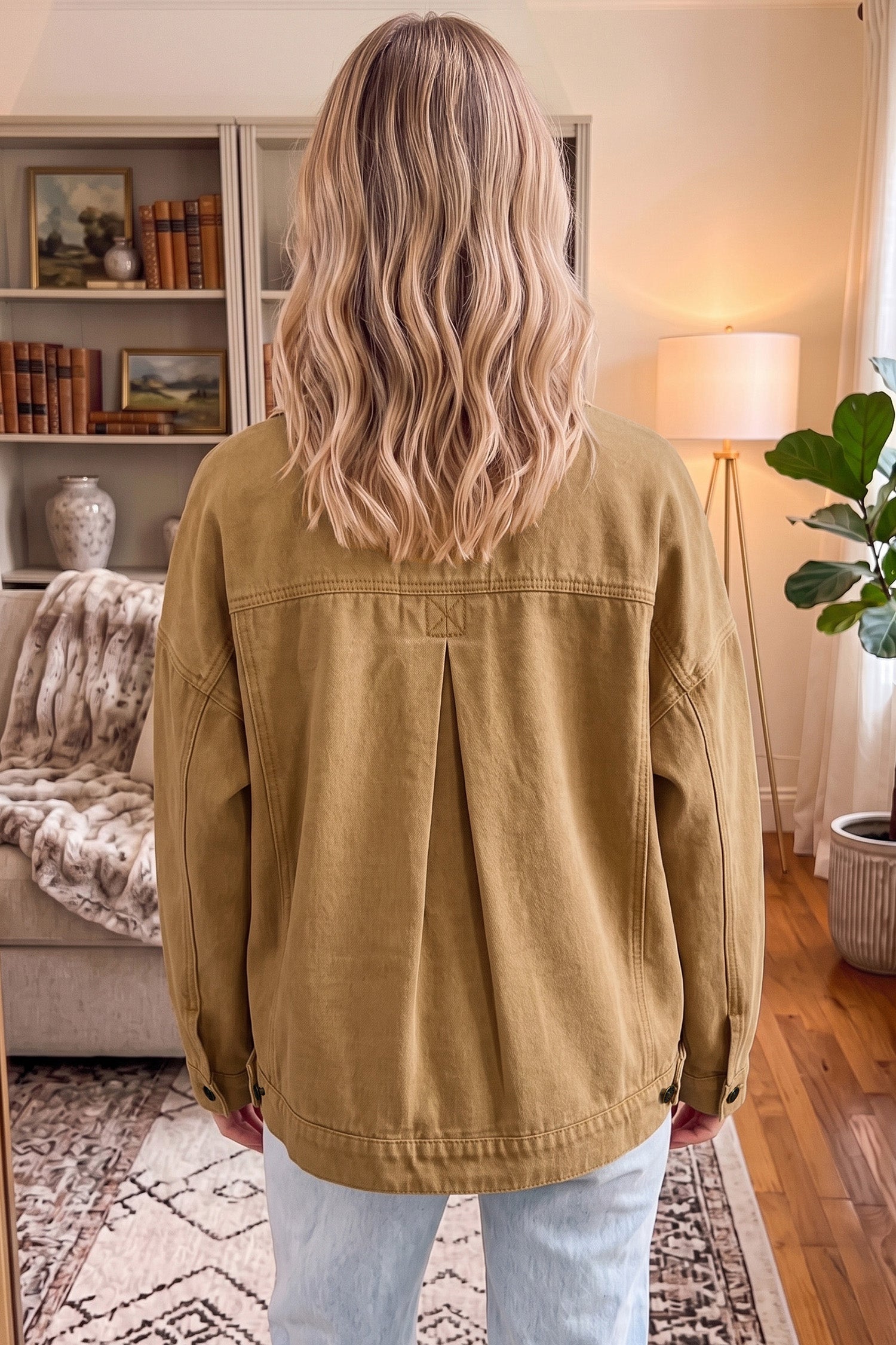 honey gold Metal Button Front Long Sleeve Collar Denim Jacket Secondary image