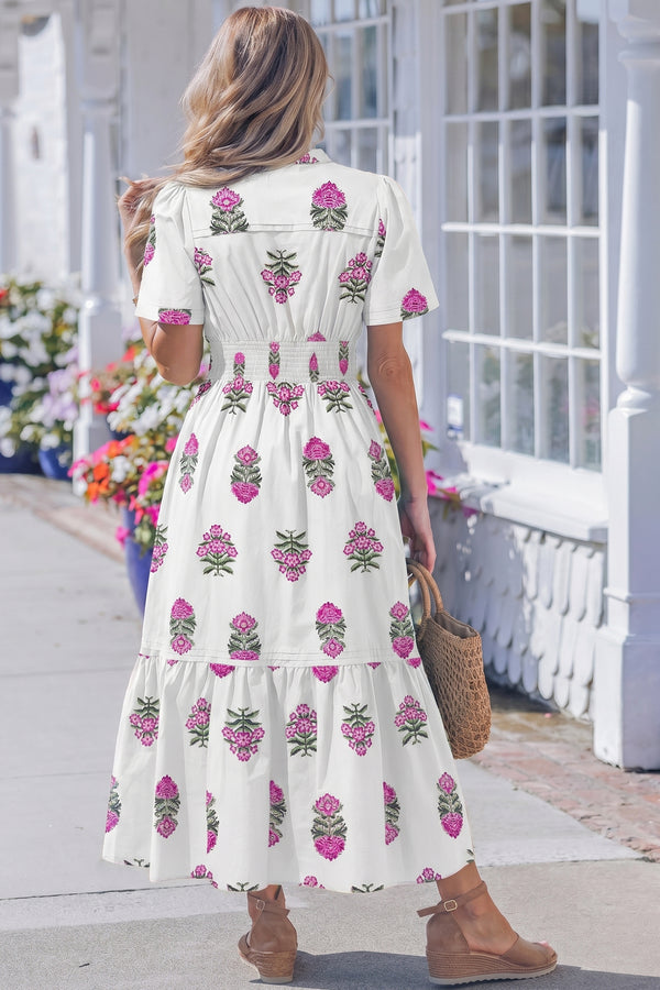 Green Floral Print Split Neck Shirred High Waist Ruffle Hem Maxi Dress