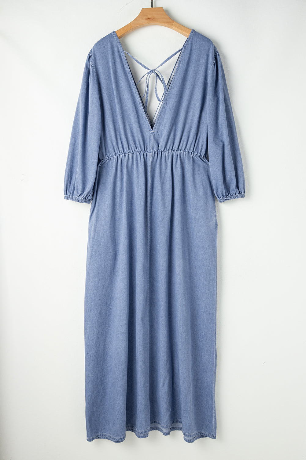 Myosotis 100% Cotton Chambray Deep V Neck Bracelet Sleeve Maxi Dress
