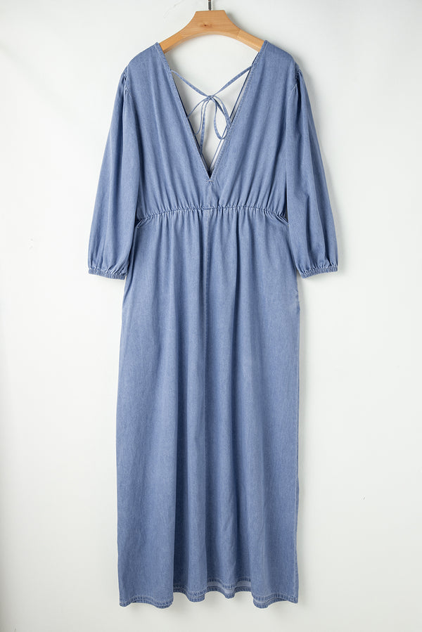 Myosotis 100% Cotton Chambray Deep V Neck Bracelet Sleeve Maxi Dress