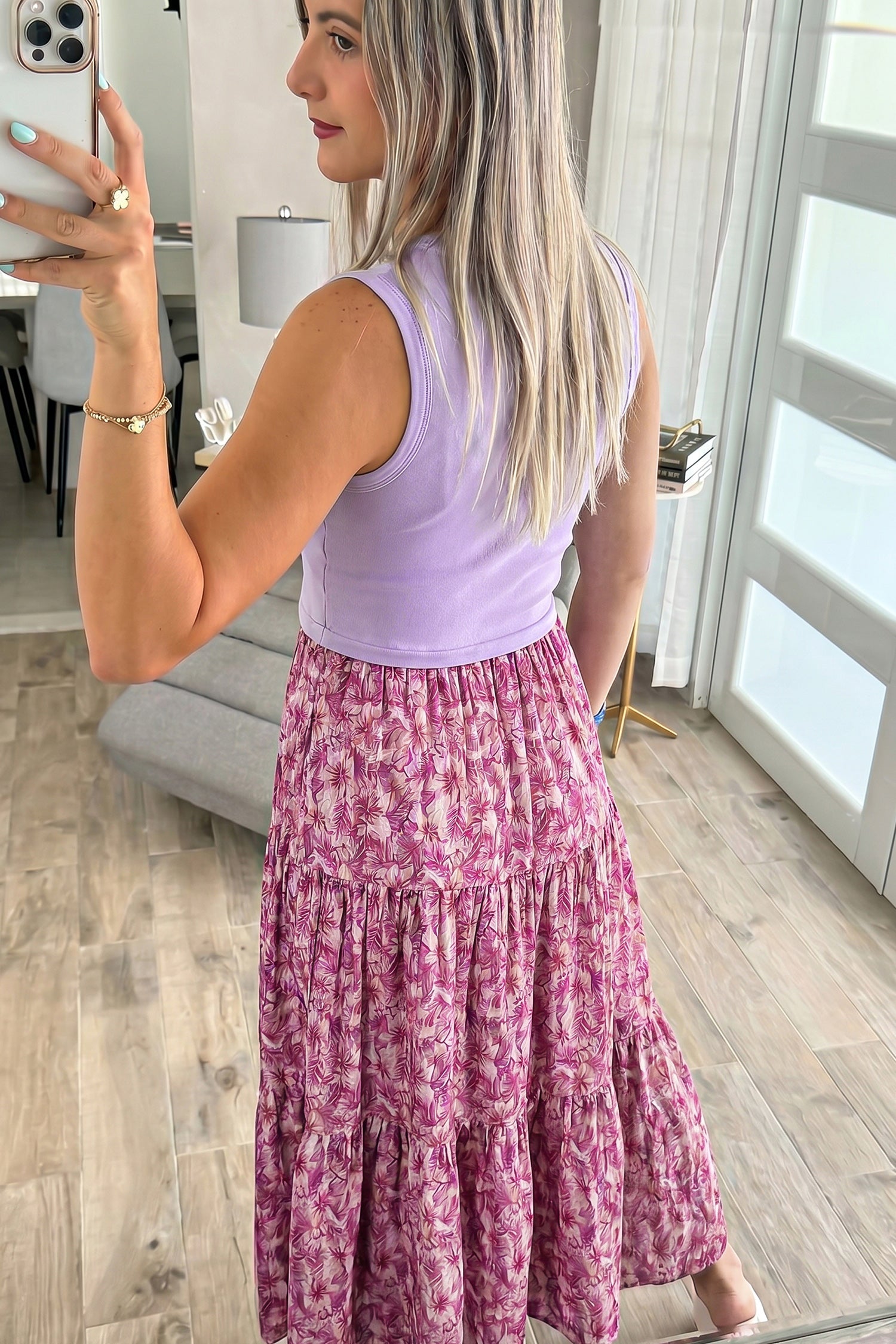 Purple Ribbed V Neck Tank Floral Contrast Patchwork Long Dress Secondary image