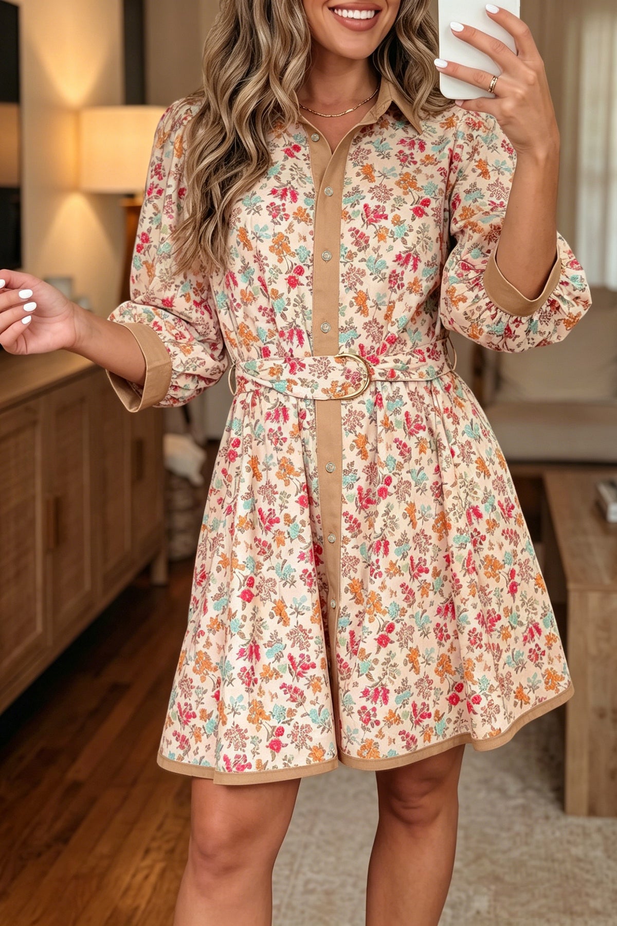 Orange Floral Print Color Block Trim Button Down 3/4 Sleeve Belted Mini Dress Main image
