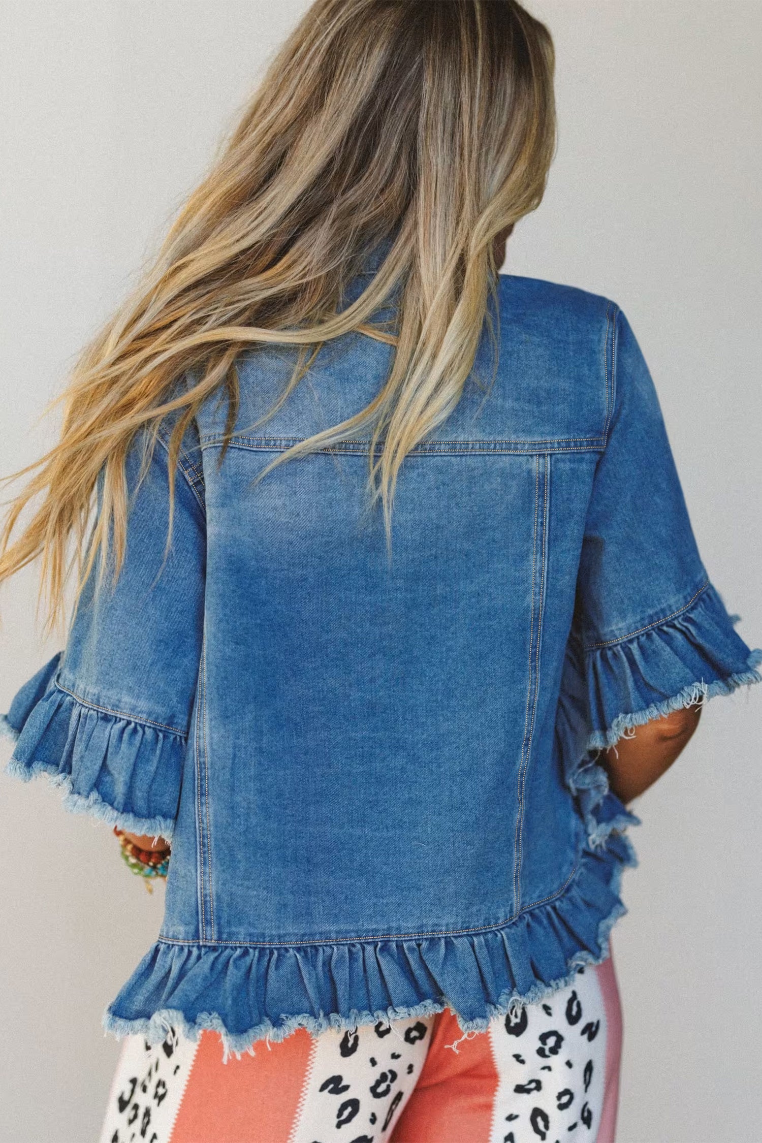 Blue Ruffle Hem Raw Edge Half Sleeve Western Denim Jacket Secondary image