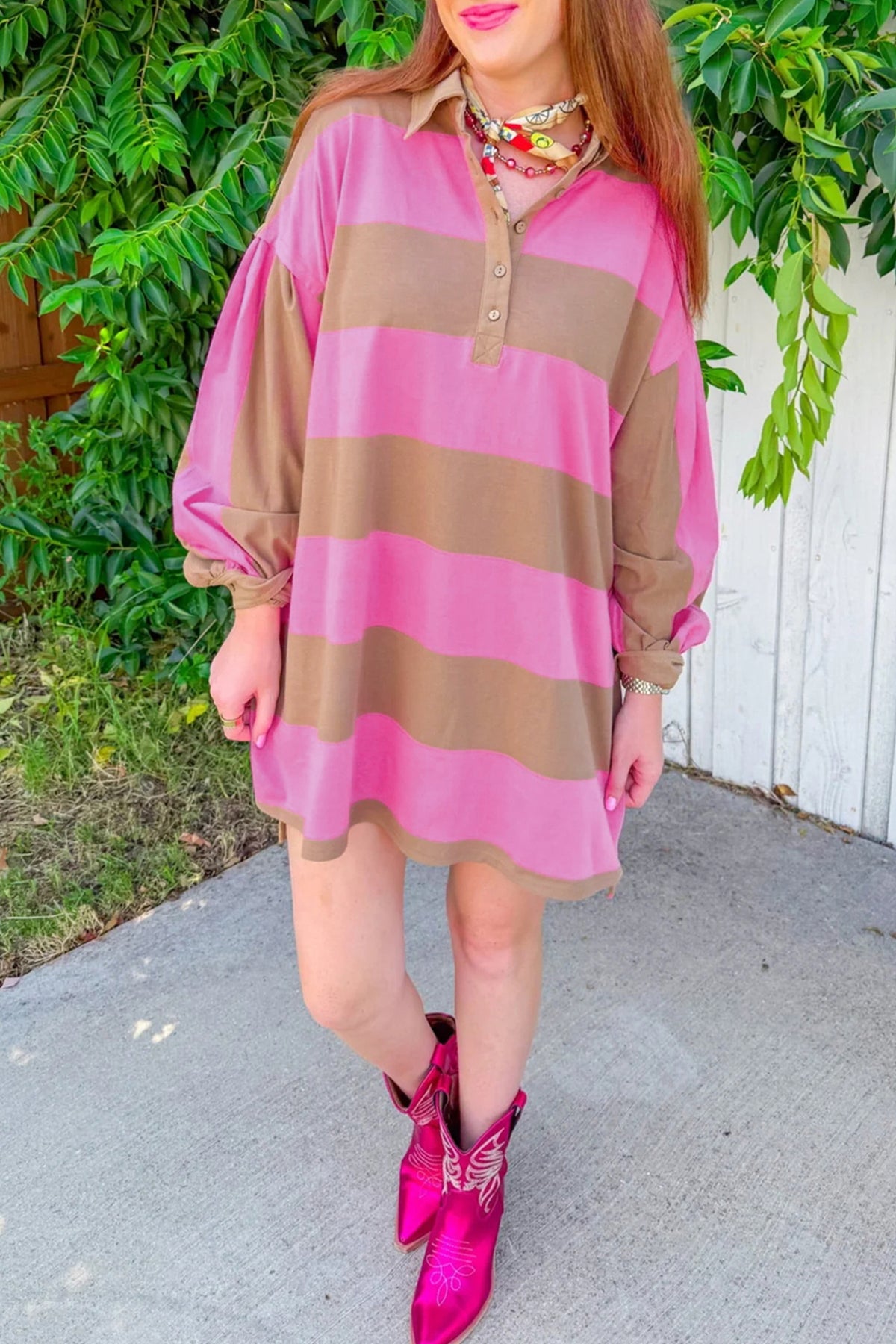 Rose Stripe Striped Button Long Sleeve Short Shift Dress Main image