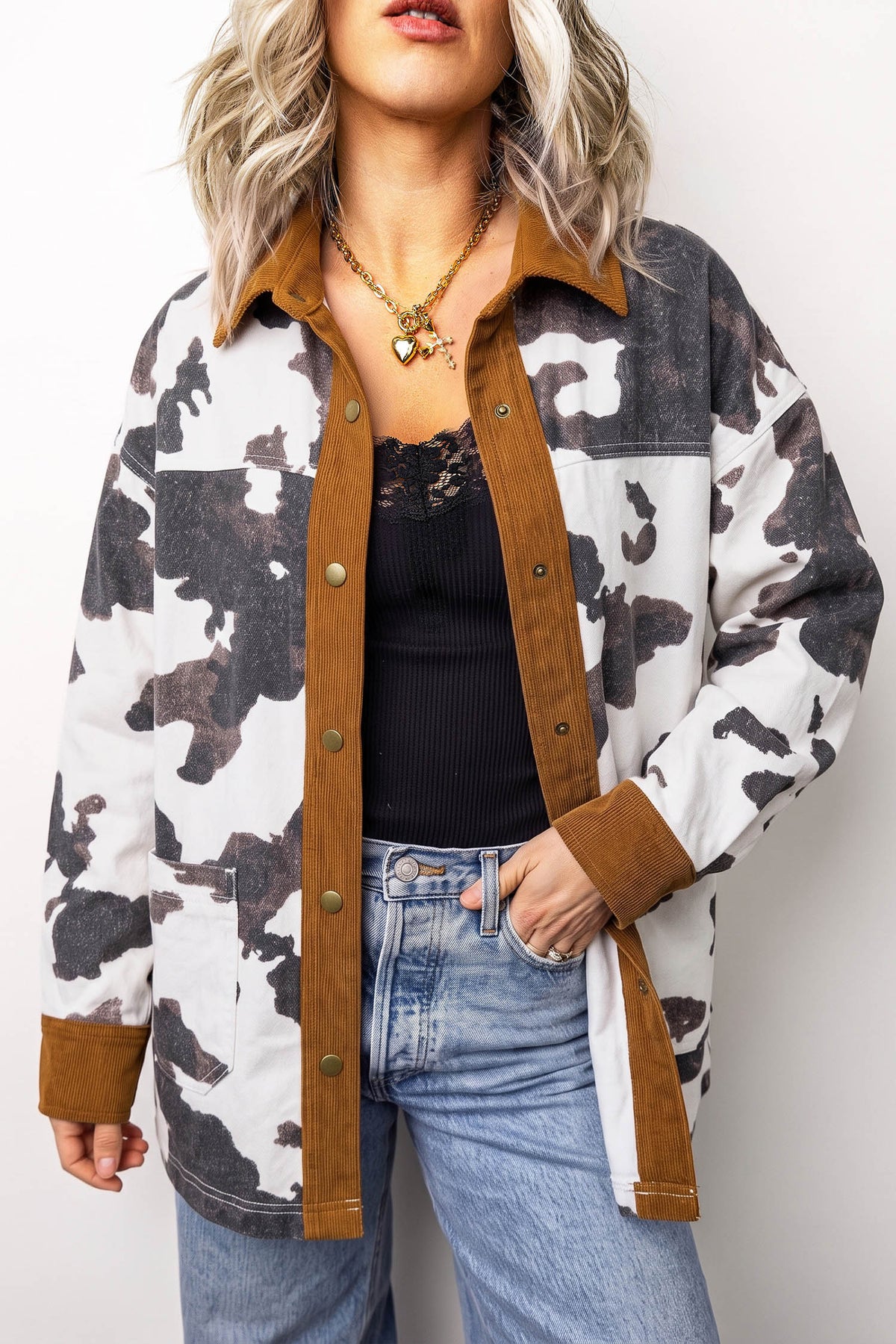 Multicolour 100% Cotton Western Cow Print Long Sleeve Button-Up Denim Jacket