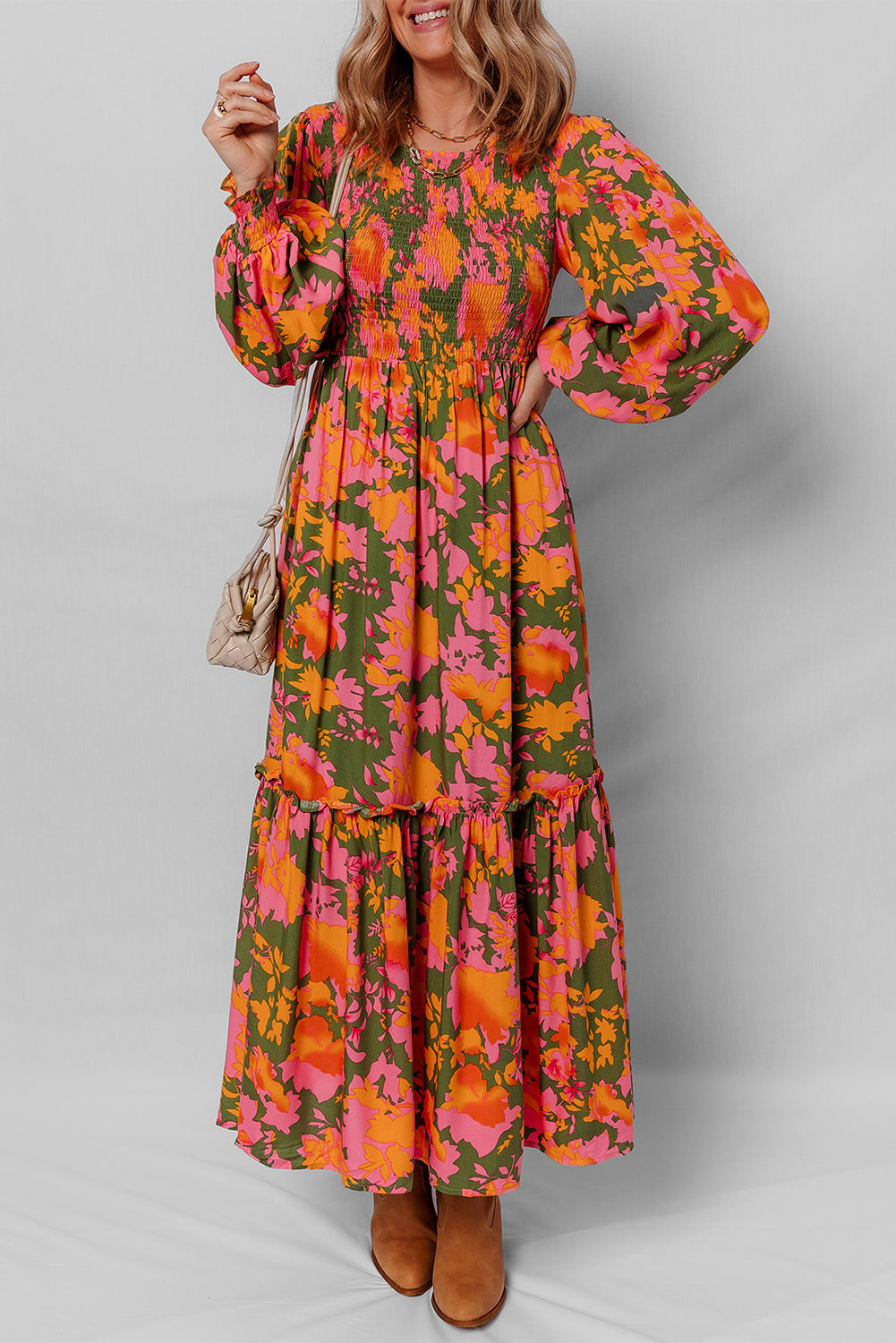 Orange Floral Puff Sleeve Smocked Bodice Ruffled Long Dress Secondary image