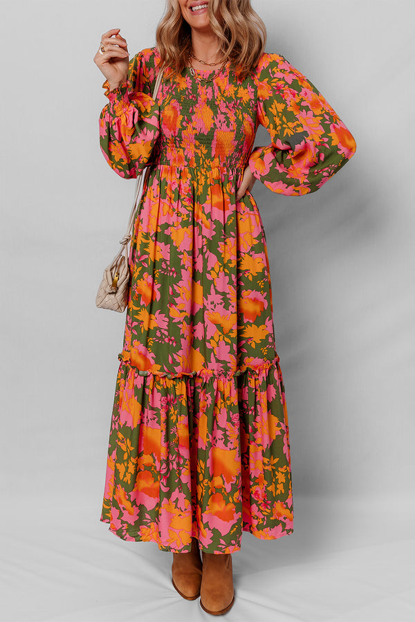 Orange Floral Puff Sleeve Smocked Bodice Ruffled Long Dress