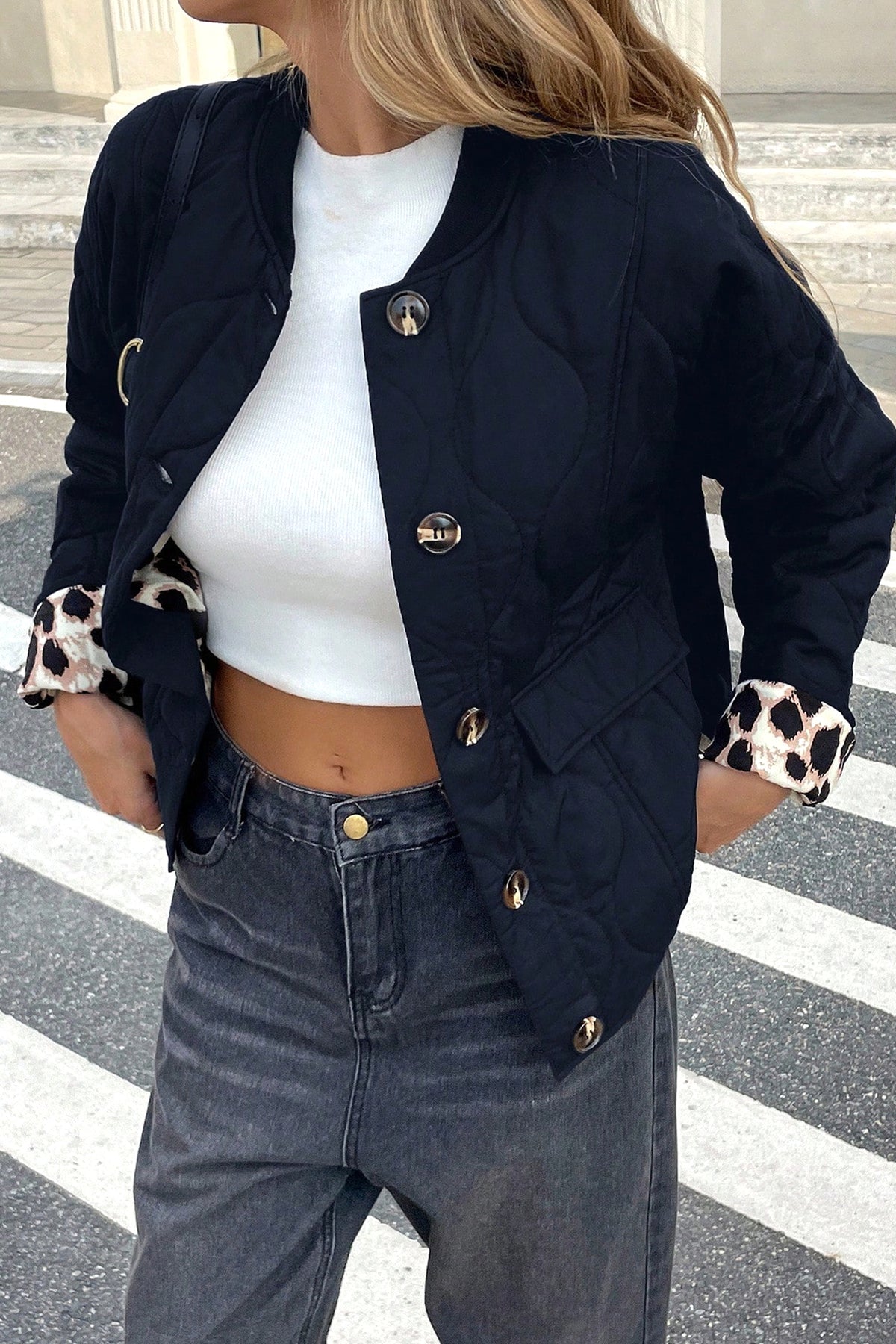 Black Retro Quilted Leopard Cuff Button Down Puffer Jacket Main image