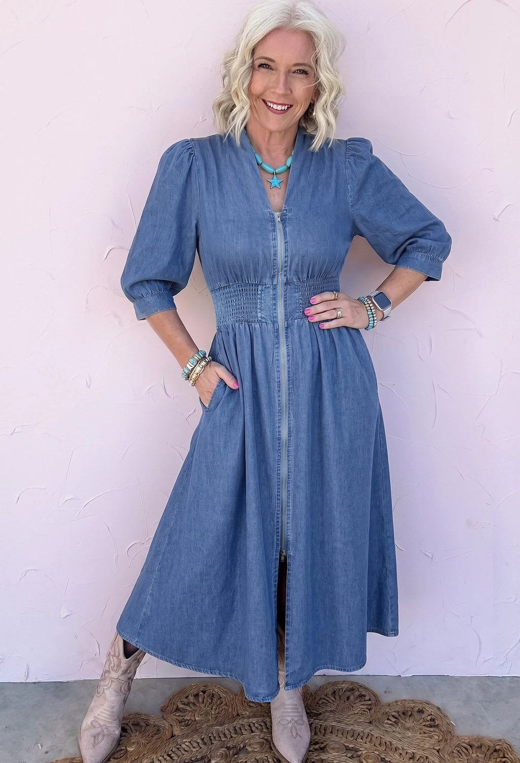 Blue 100% Cotton V Neck Shirred Waist Metal Zipper Denim Midi Dress