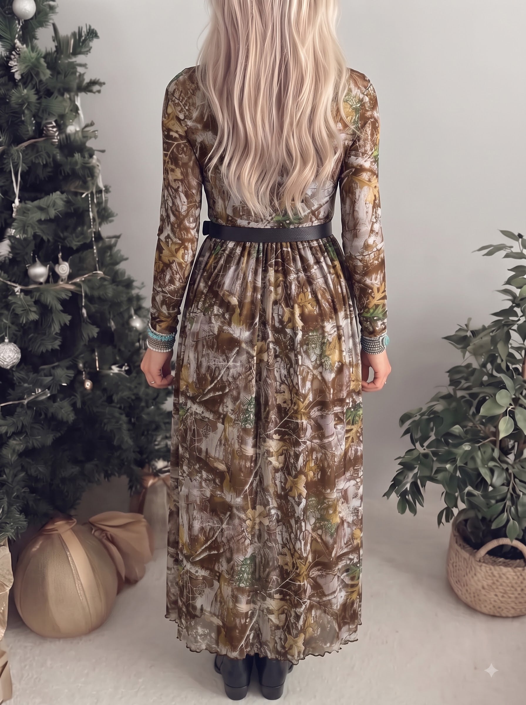 Brown Western Print Mesh Long Sleeve Maxi Dress Secondary image