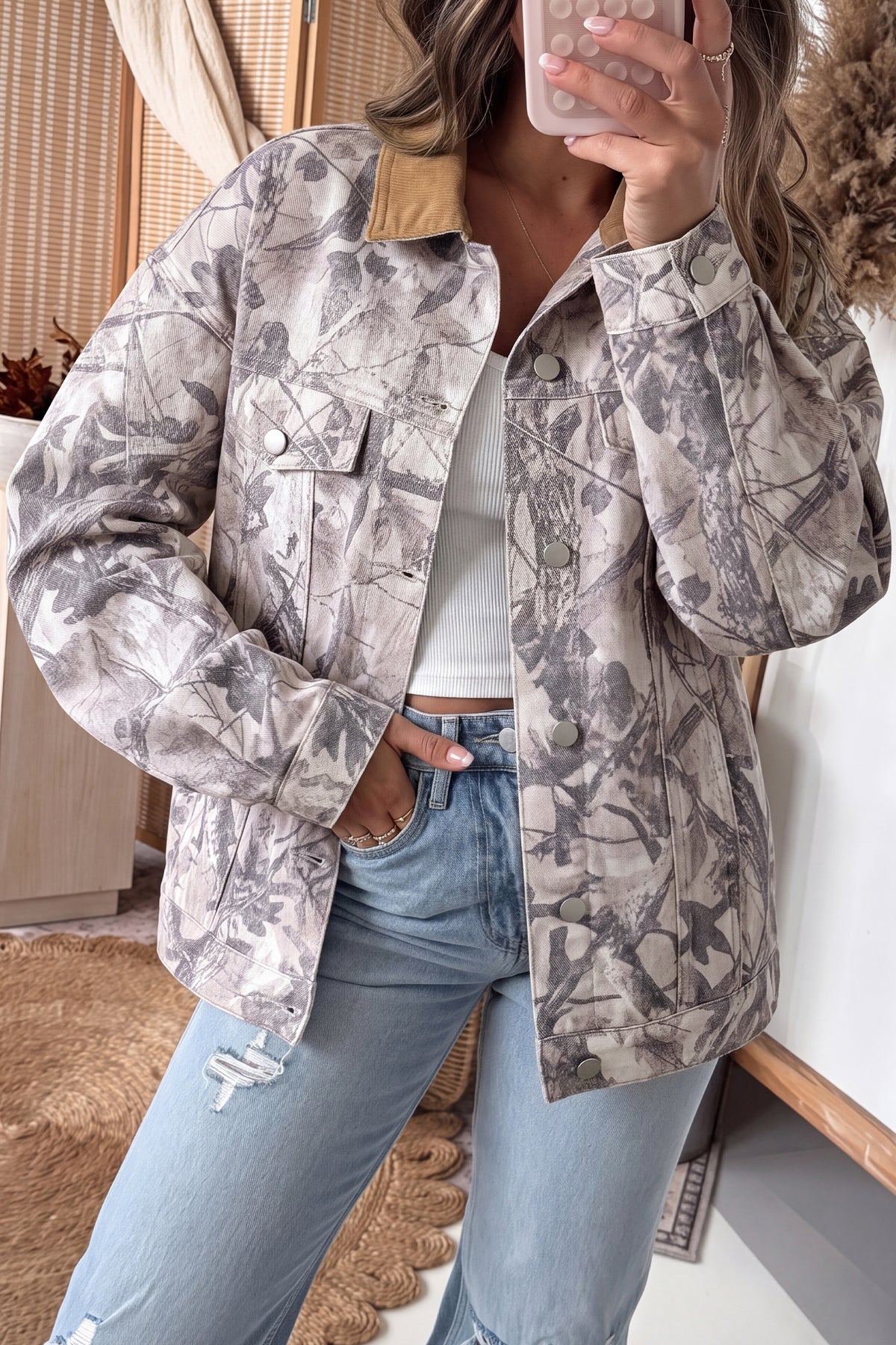 Gray Abstract Camo Print Colorblock Collar Oversized 100% Cotton Denim Jacket Main image