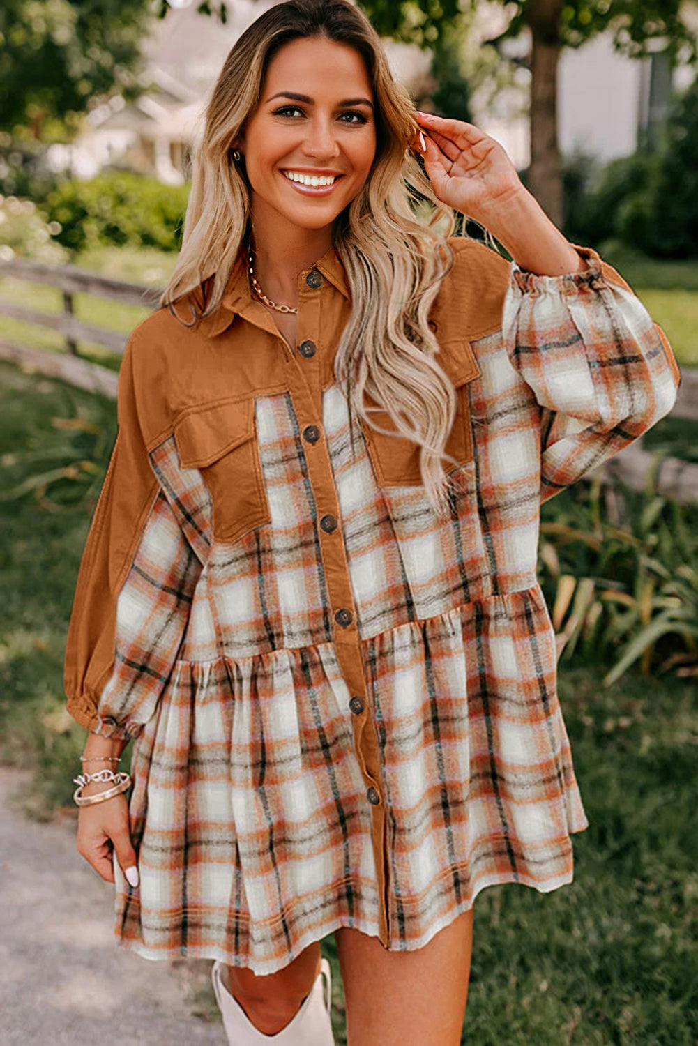 Khaki Plaid Color Block Patchwork Ruffle Hem Tunic Shirt Dress Secondary image