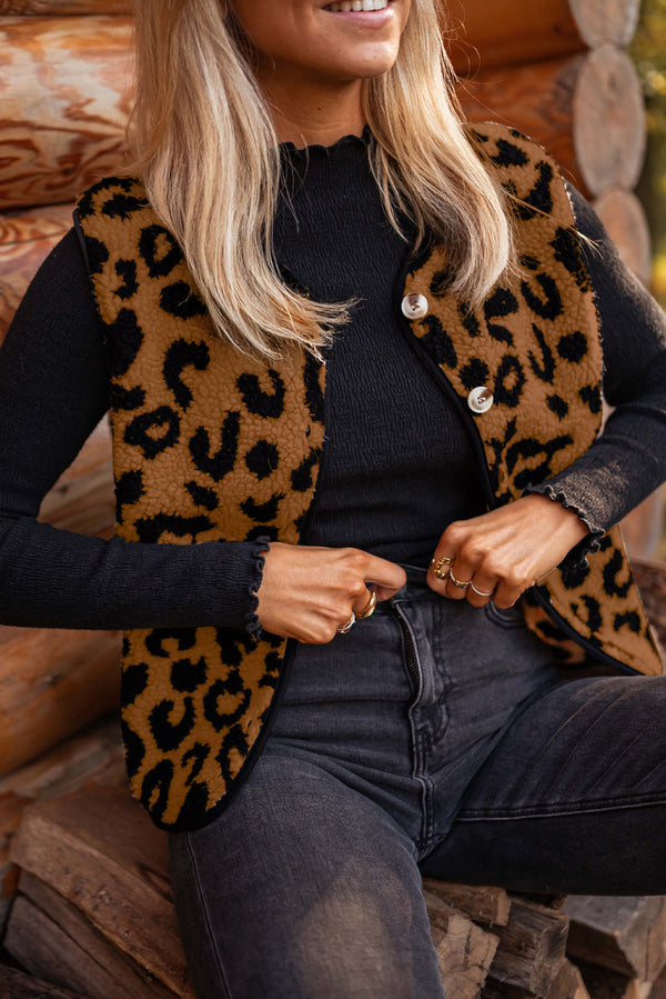 Black Leopard Print Sherpa Vest Coat