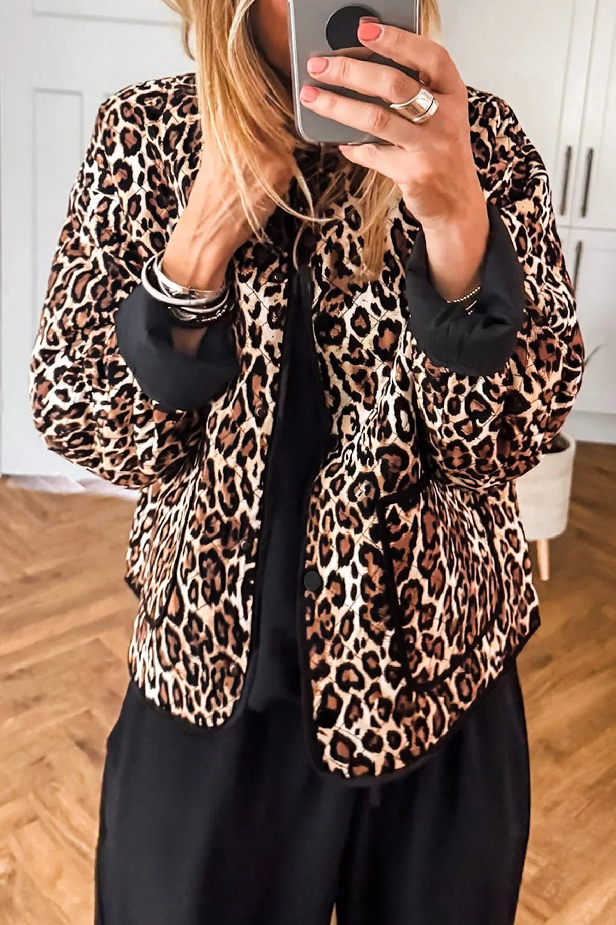 Brown Leopard Print Quilted Button Front Patch Pockets Jacket Main image