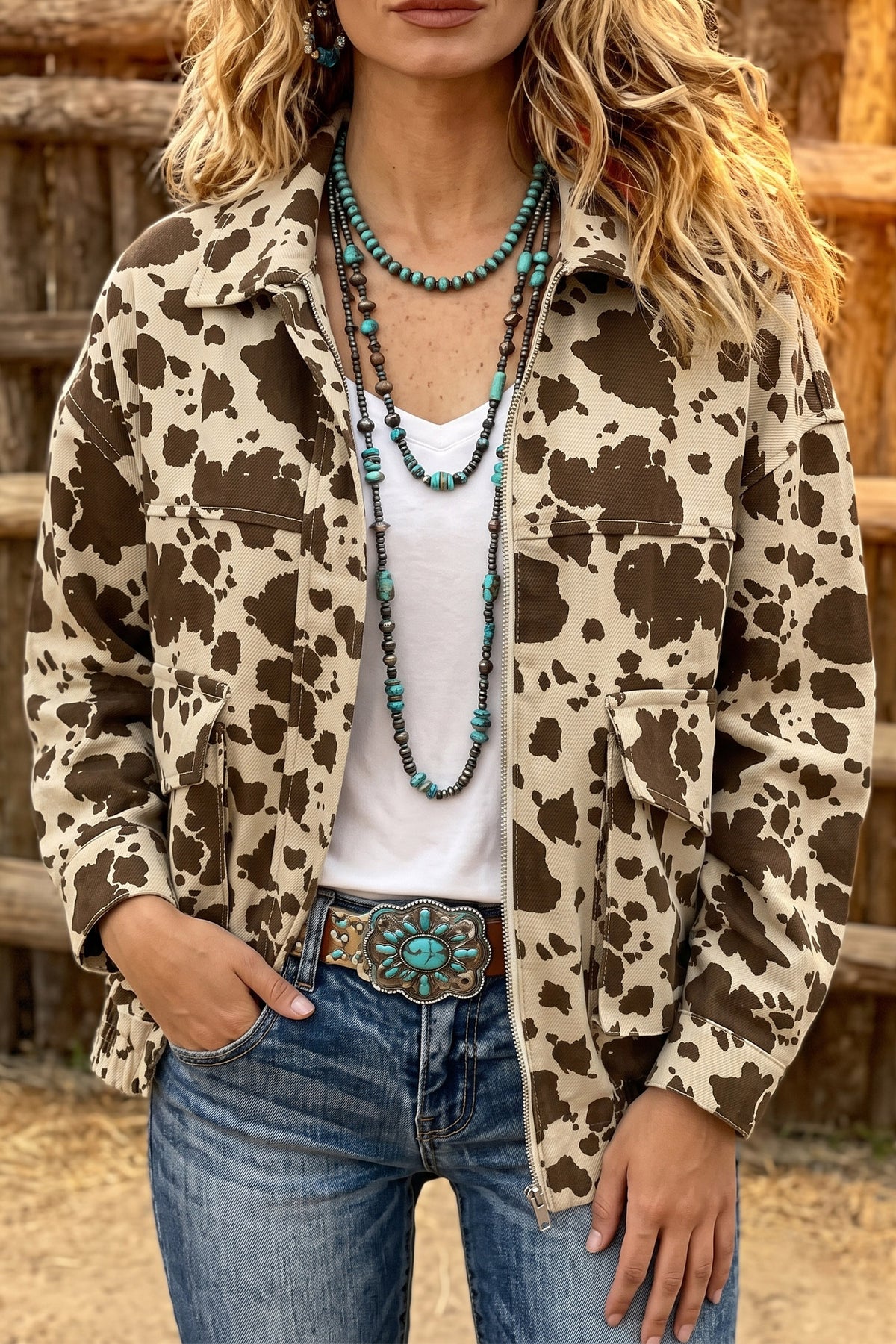 Brown Western Cow Print Cargo Pocket Denim Jacket Main image