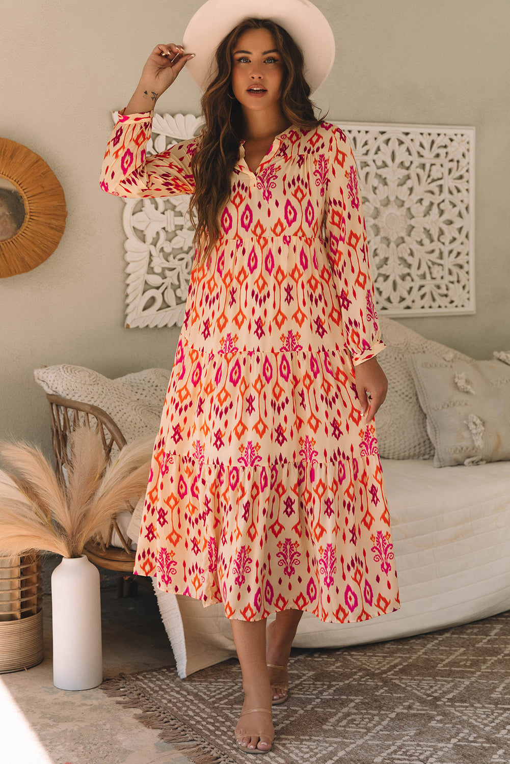 Orange Western Abstract Geometric Printed Maxi Dress Main image
