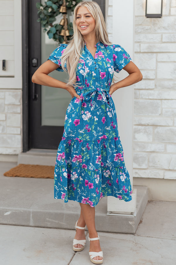 Blue 100% Cotton Floral Flutter Sleeve Button Tie Split Neck Belted Long Dress