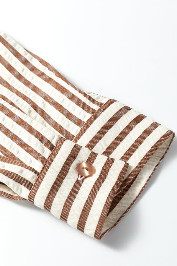 Brown Stripe Textured 3/4 Sleeve Round Hem Split Midi Shirt Dress