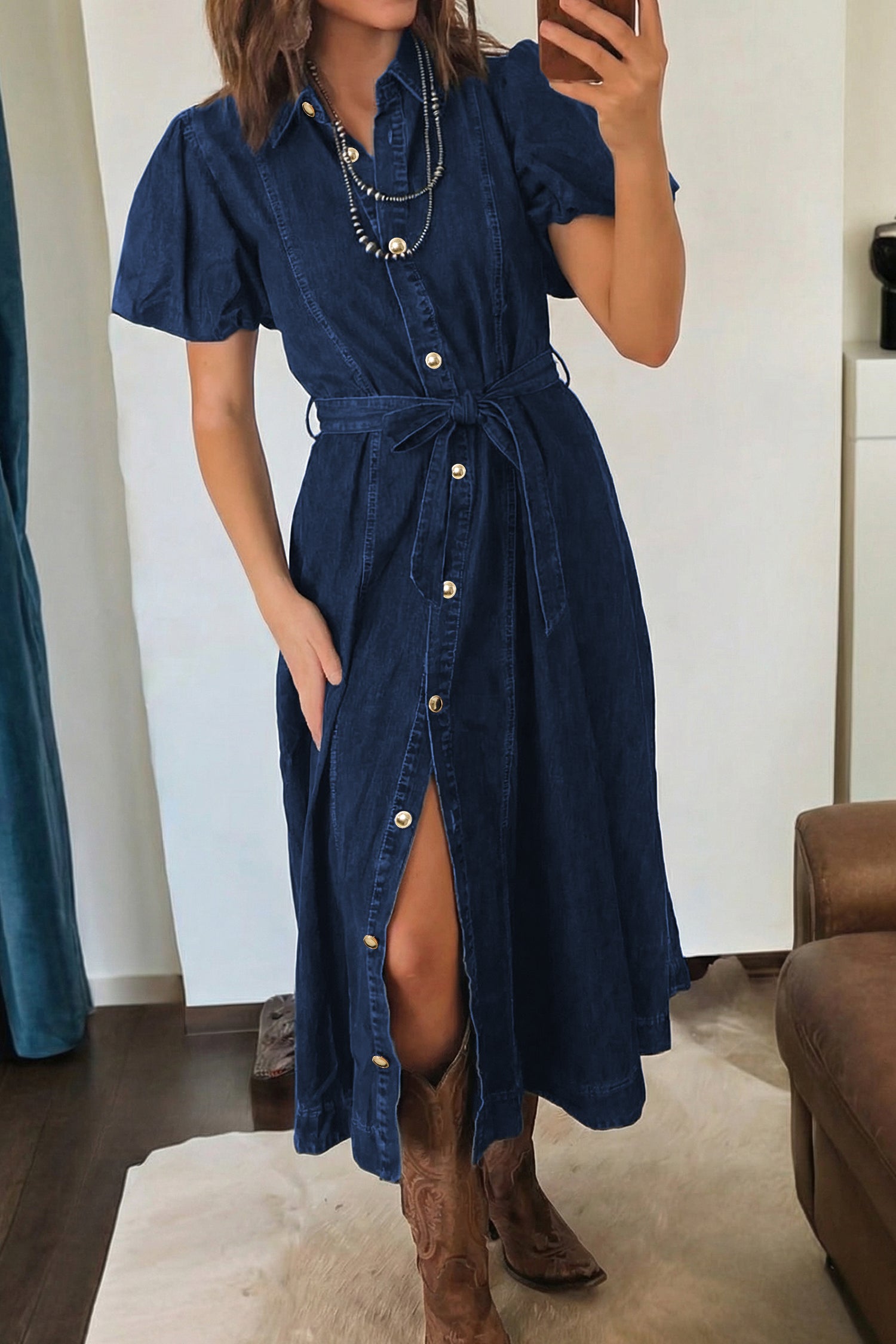 Sail Blue 100% Cotton Full Buttons Collared Short Bubble Sleeve Long Denim Dress Secondary image