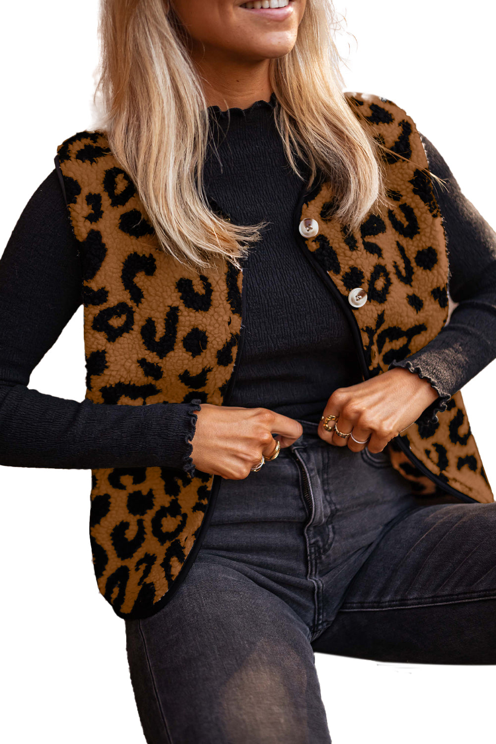 Black Leopard Print Sherpa Vest Coat