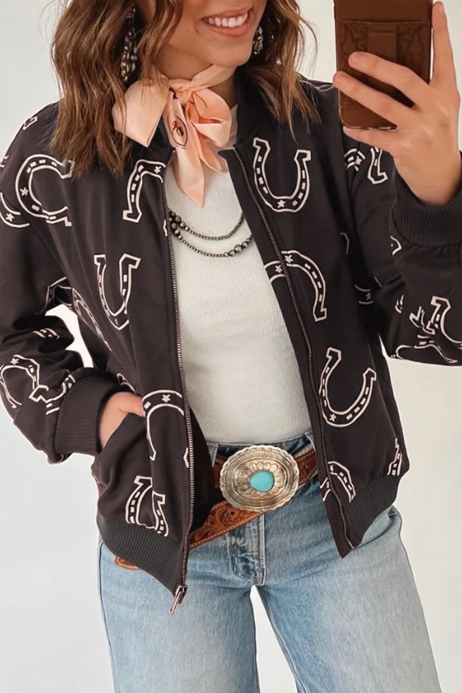 Brown Western Horseshoe Print Zipper Pocket Shift Jacket Secondary image