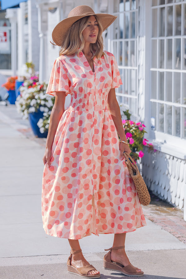 Pink Polka Dot Printed Ruffle Short Sleeve Zip Up Long Dress