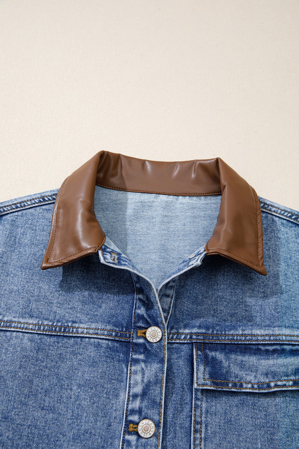 Sky Blue Patchwork Faux Leather Collar Long Sleeve Denim Jacket