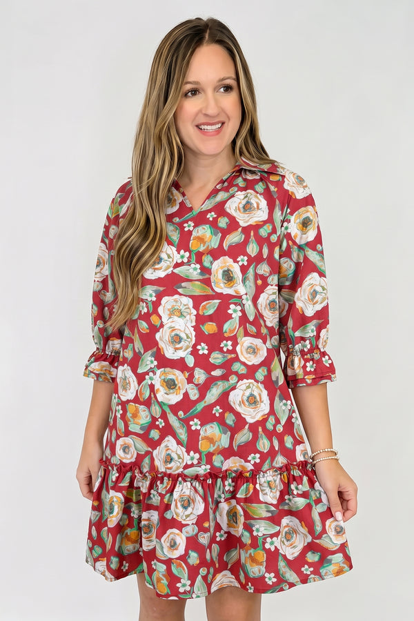 Red 100% Cotton Floral Print Half Sleeve Short Shift Dress