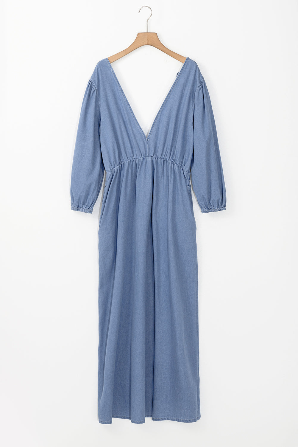Myosotis 100% Cotton Chambray Deep V Neck Bracelet Sleeve Maxi Dress