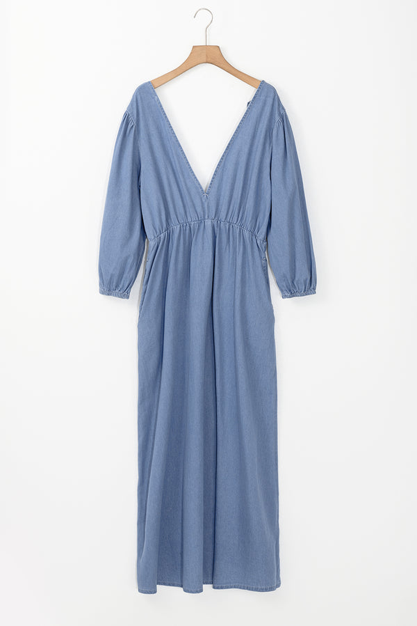 Myosotis 100% Cotton Chambray Deep V Neck Bracelet Sleeve Maxi Dress