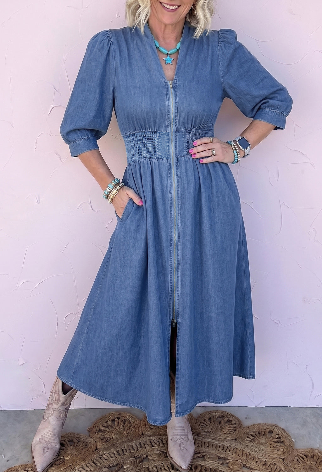 Blue 100% Cotton V Neck Shirred Waist Metal Zipper Denim Midi Dress