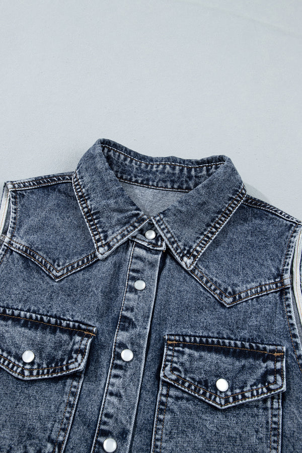 Ashleigh Blue Solid Denim Button Front Pocket Sleeveless Cowboy Vest