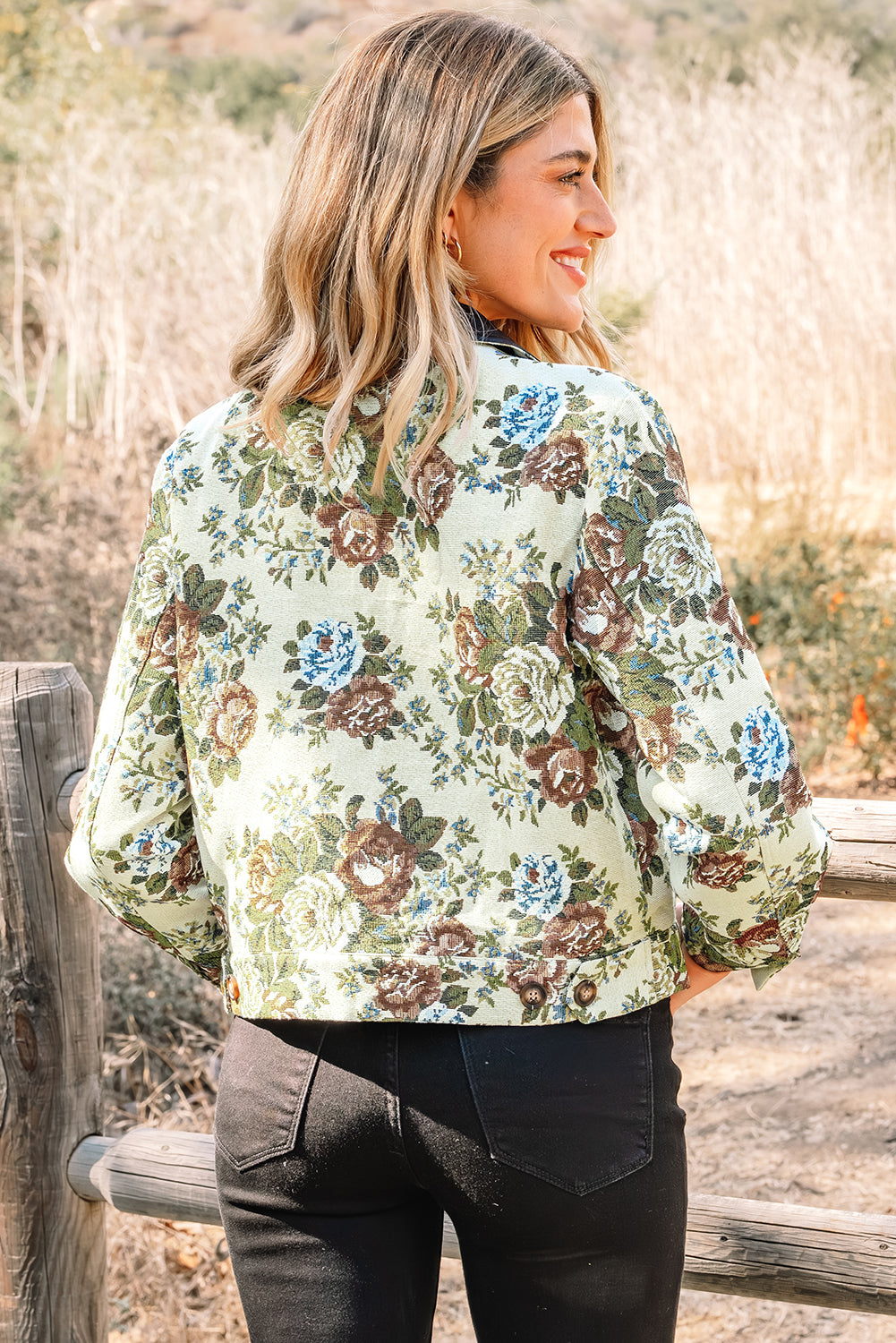 Khaki Floral Print Zip Up Contrast Collared Jacket Secondary image