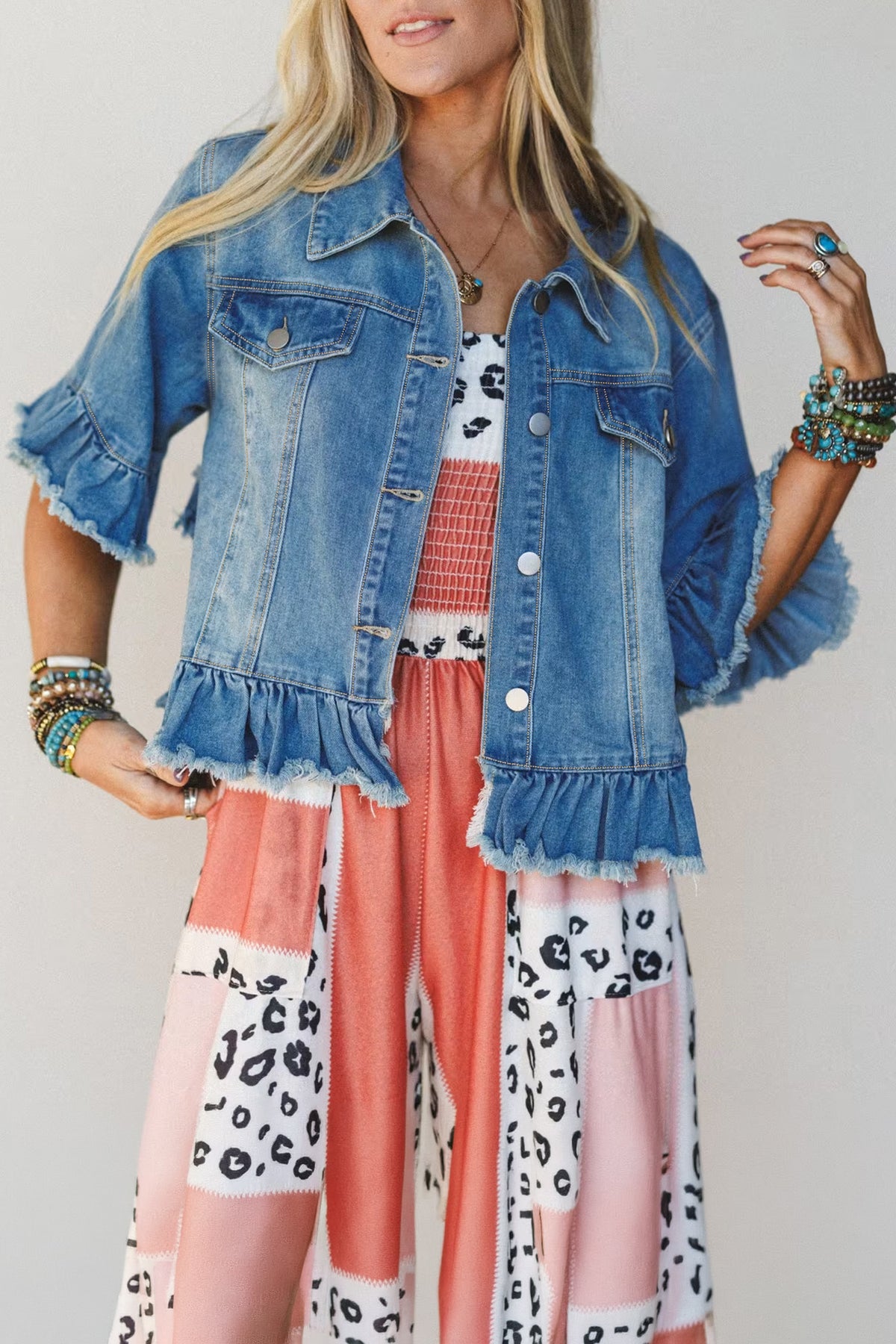 Blue Ruffle Hem Raw Edge Half Sleeve Western Denim Jacket Main image