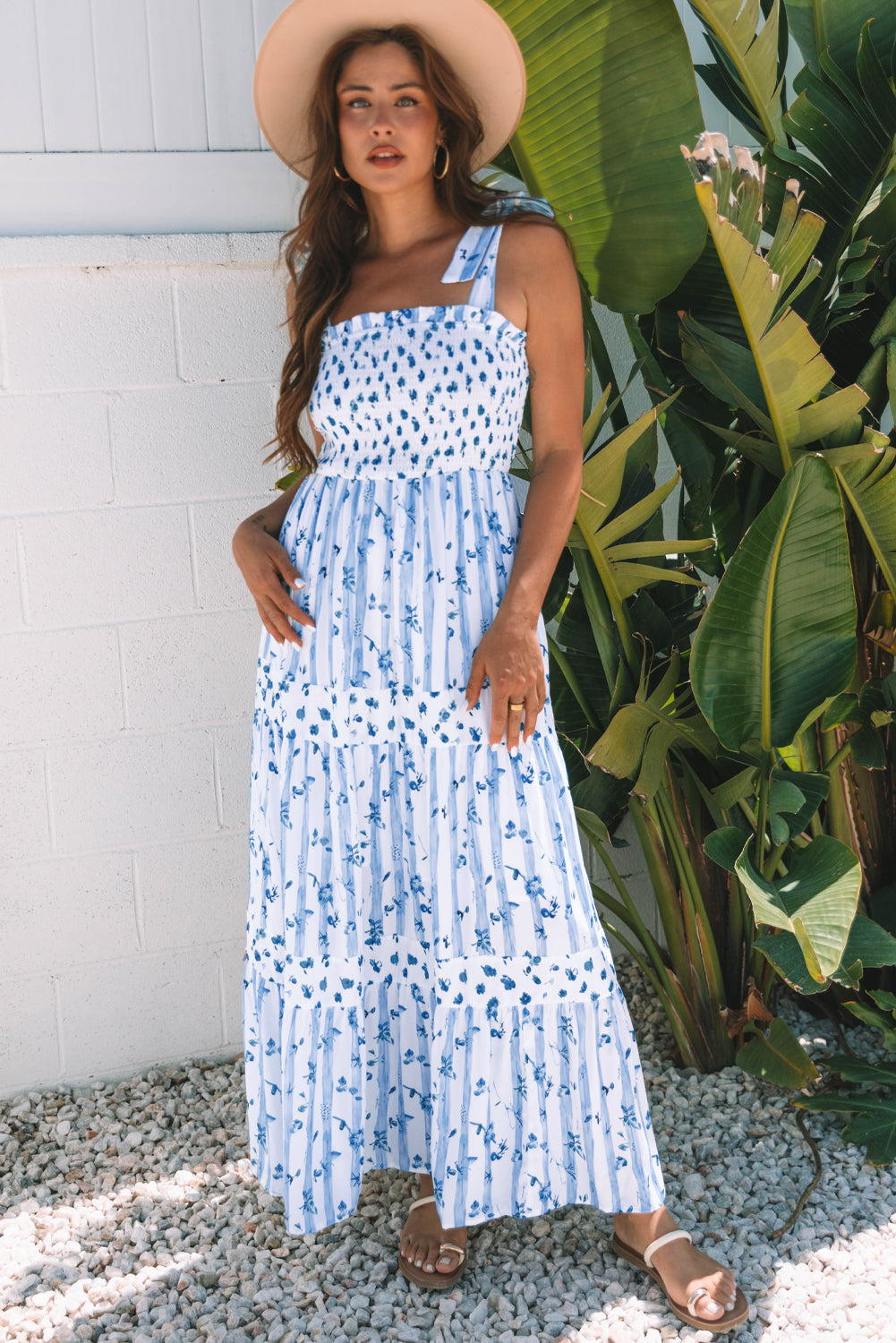 Sky Blue Floral Smocked Tied Straps A-Lined Tiered Maxi Dress Main image