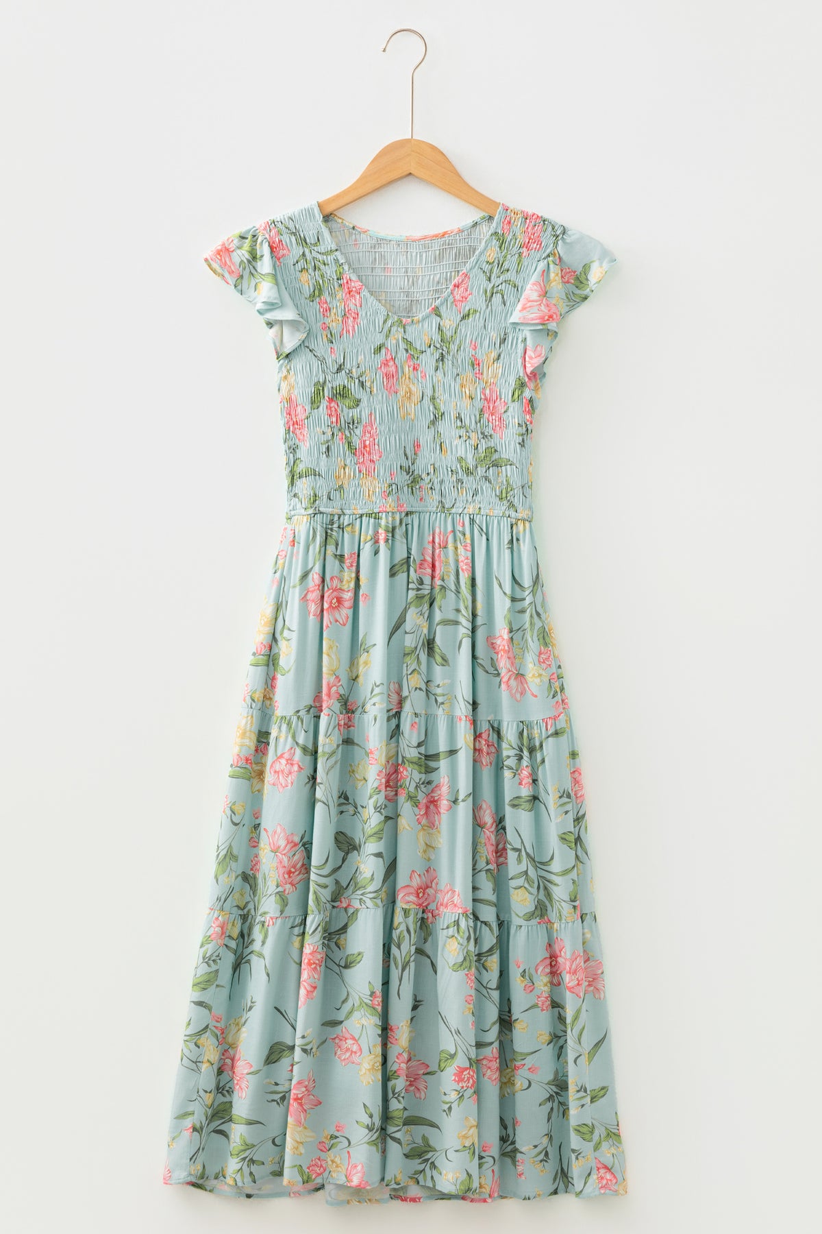 Yellow Smocked Bodice Ruffled Sleeveless Tiered Floral Maxi Dress
