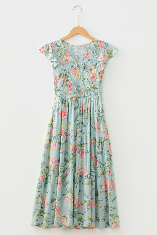 Yellow Smocked Bodice Ruffled Sleeveless Tiered Floral Maxi Dress
