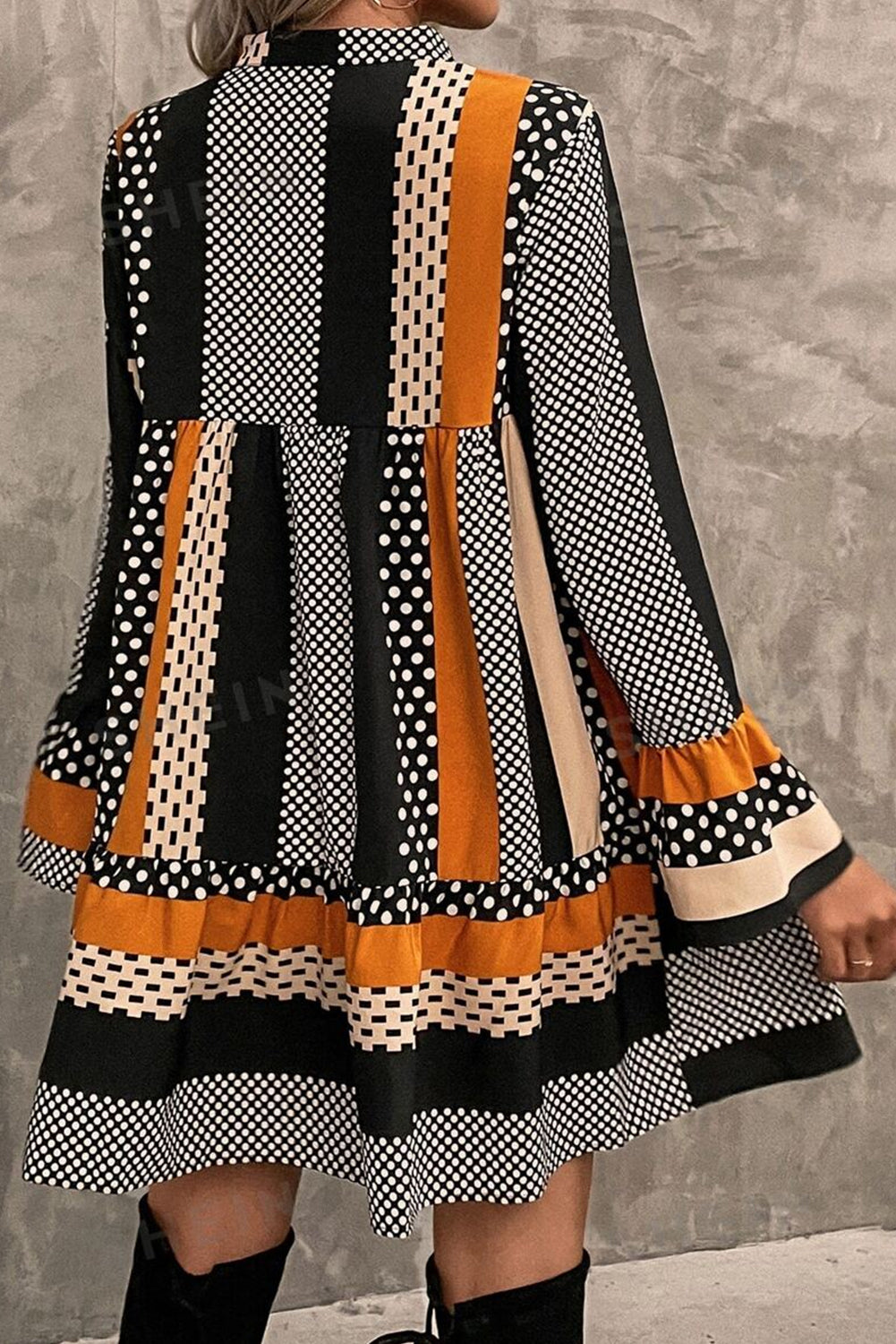 Black Striped Polka Dot Print Ruffled Hem V Neck Mini Dress Secondary image