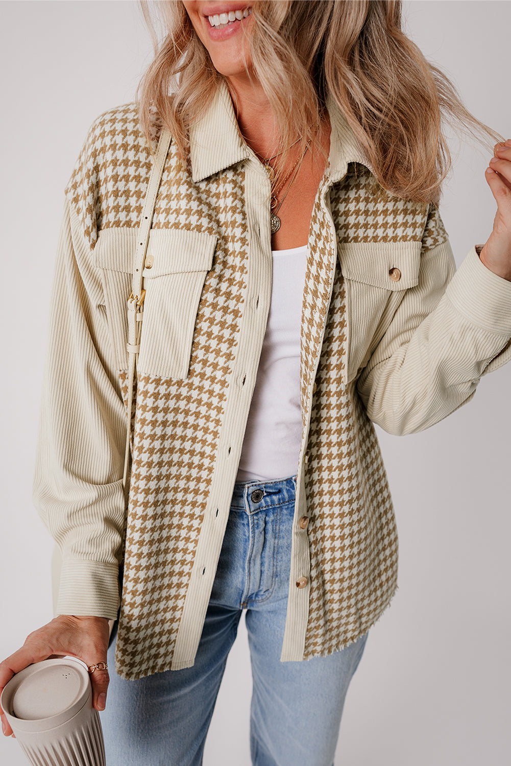 Parchment Houndstooth Corduroy Patchwork Flap Pocket Shacket Main image