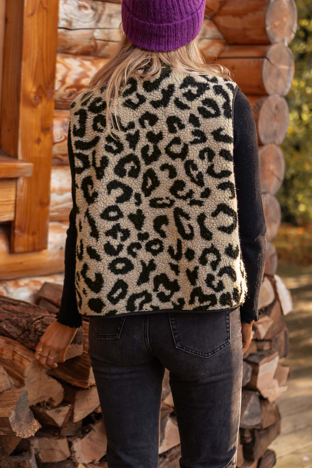 Black Leopard Print Sherpa Vest Coat Secondary image