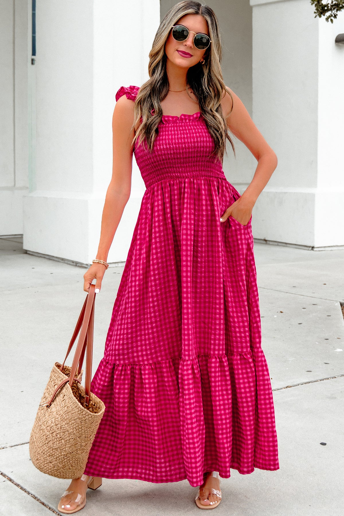 Red Plaid Square Neck Fit-and-flared Vacation Sundress Main image