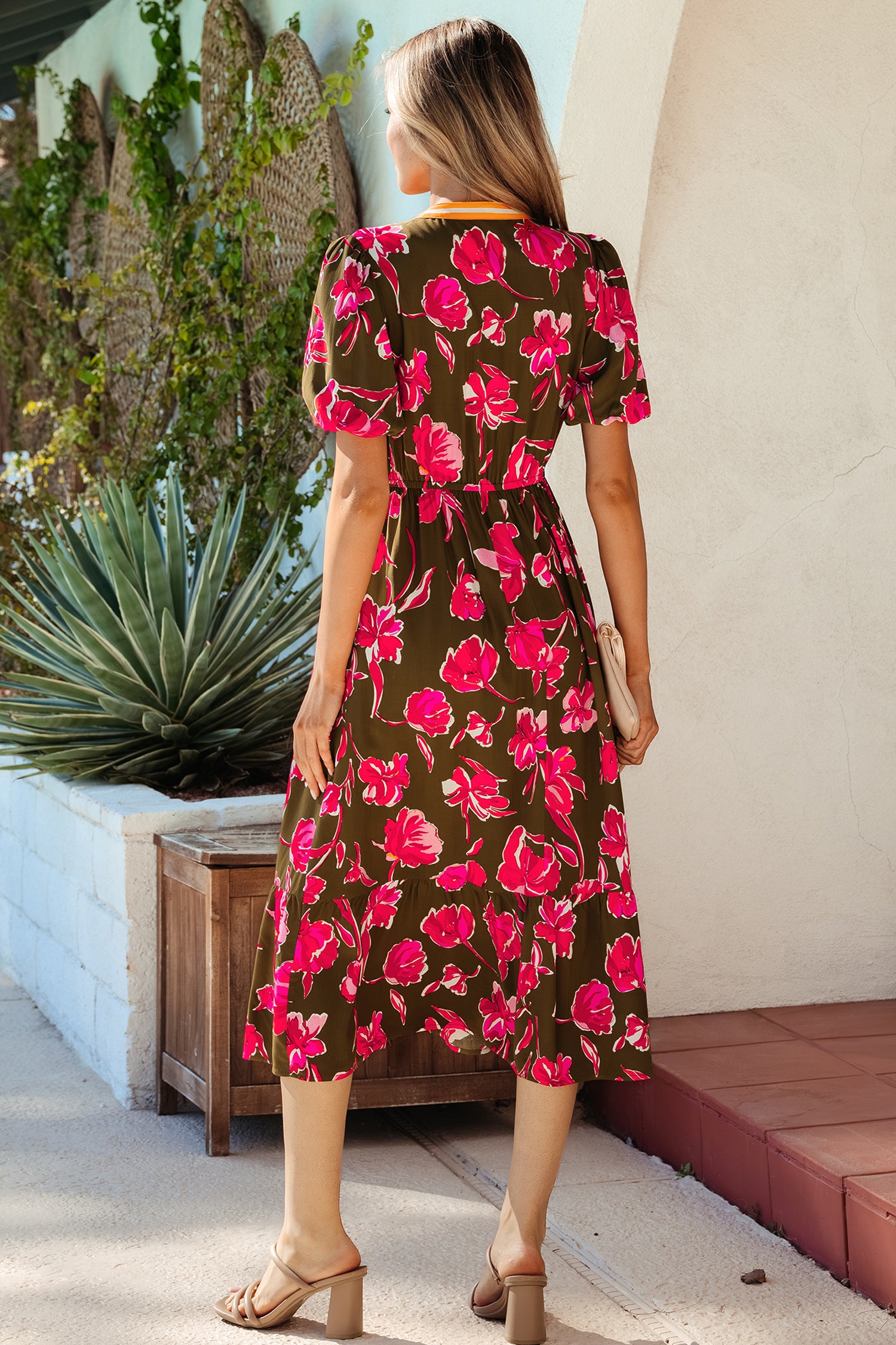 Green Floral Print Striped Trim Split Neck Short Puff Sleeve Ruffle Hem Maxi Dress Secondary image