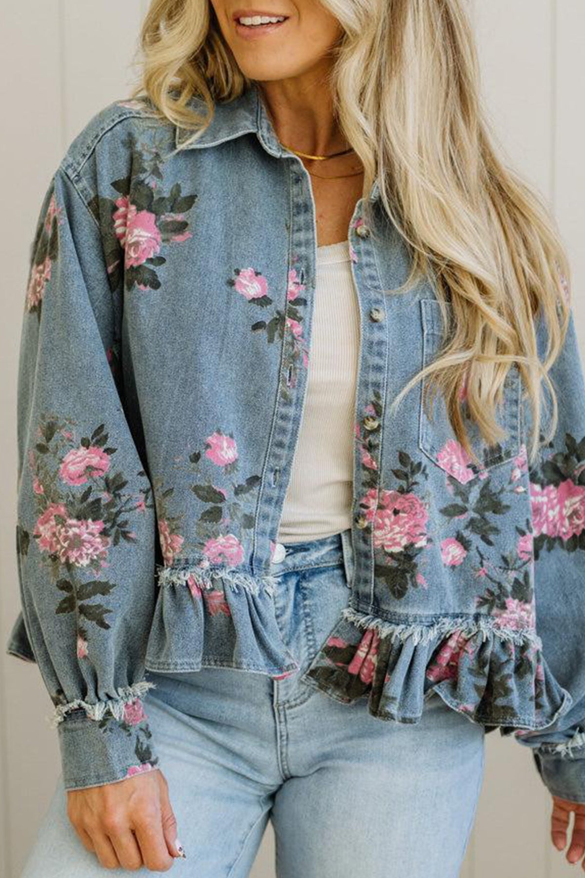 Sky Blue Floral Print Raw Seam Ruffle Hem Denim Jacket Main image
