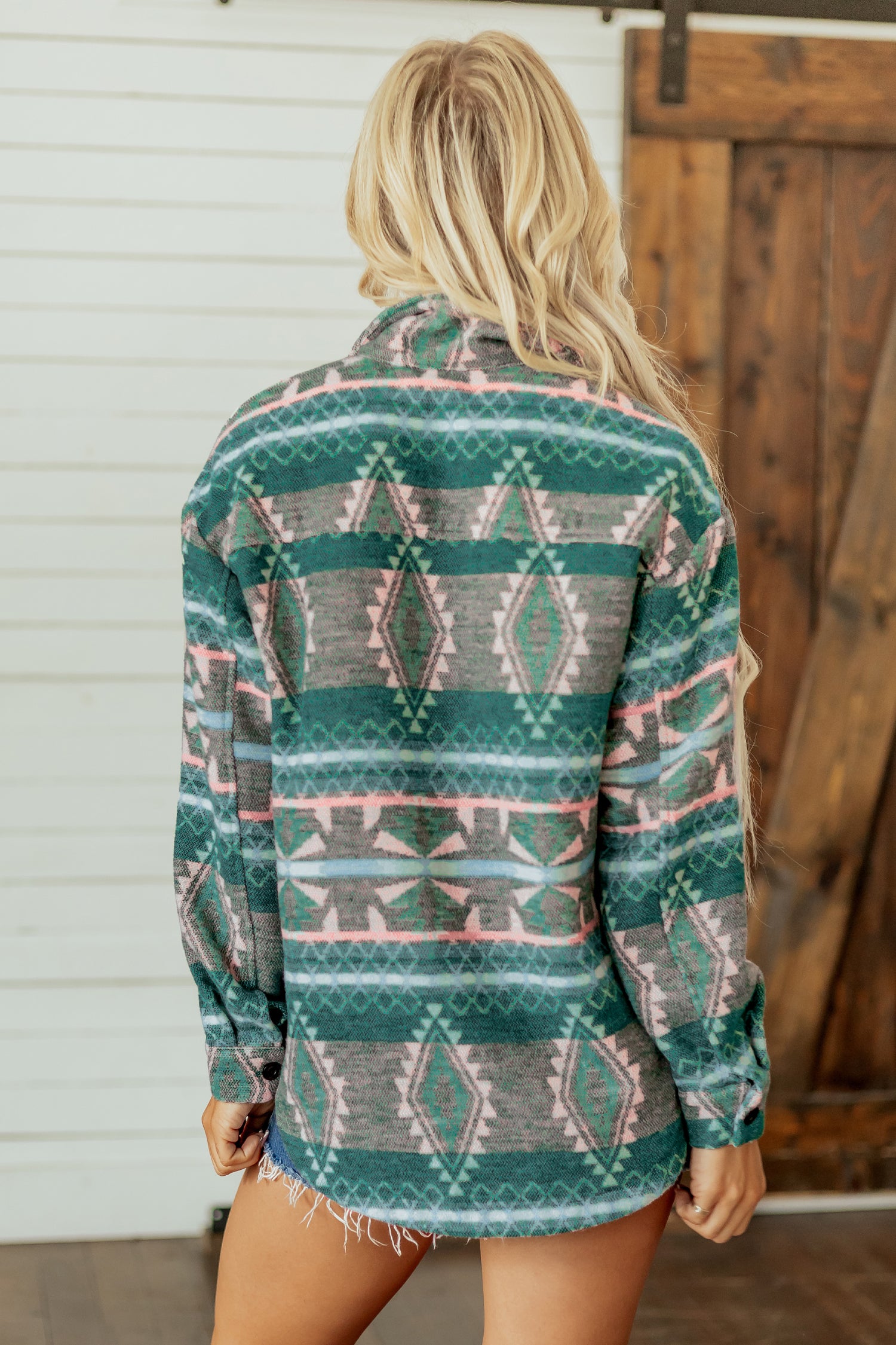 Green Geometric Print Button Front Long Sleeve Shacket Secondary image