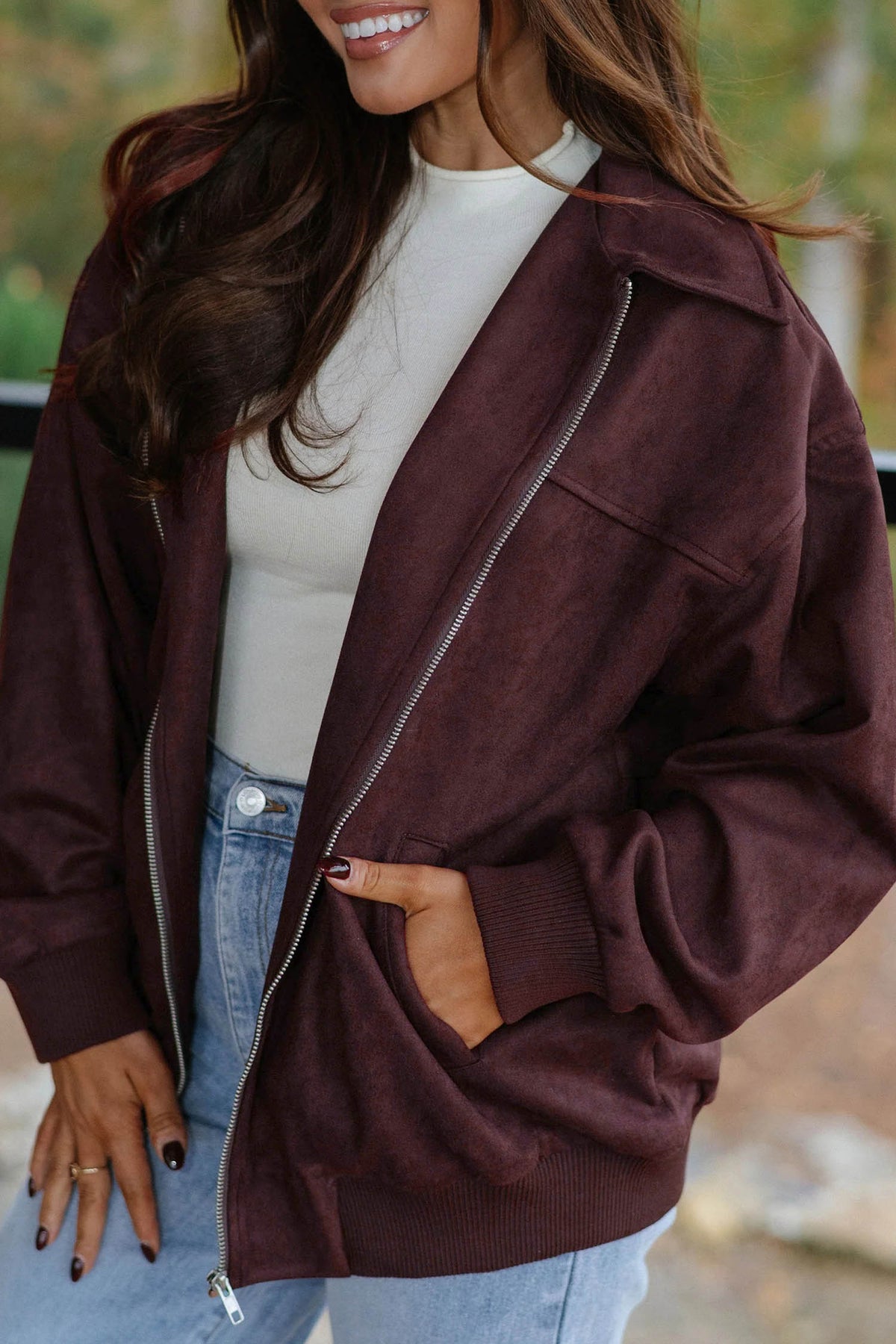 Chicory Coffee Solid Zip-up Metal Placket Collar Long Sleeve Jacket Main image