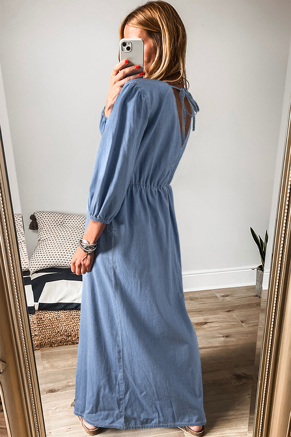 Myosotis 100% Cotton Chambray Deep V Neck Bracelet Sleeve Maxi Dress Secondary image