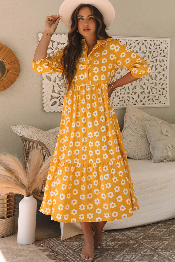 Yellow 100% Cotton Flower Print Bracelet Sleeve Buttons Collared Maxi Dress