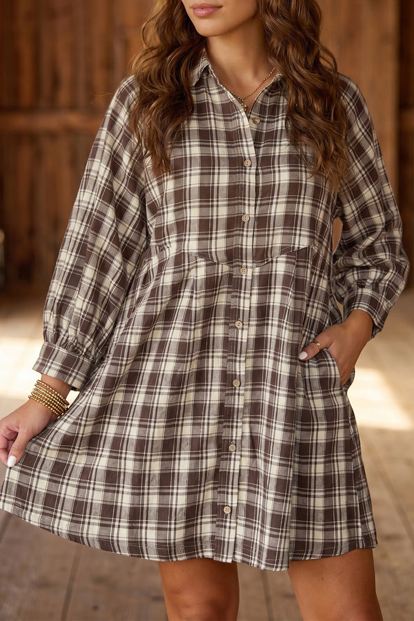 Brown 100% Cotton Plaid Long Sleeve Short Shift Mini Dress